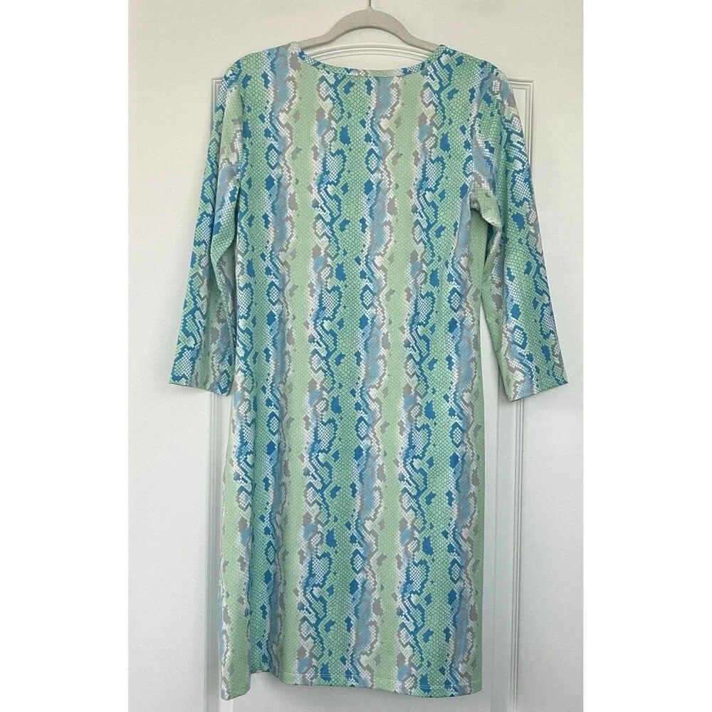 Jean-Pierre Klifa Daphne Dress Size M Aqua Snake 3/4 Sleeve Shift Knee Length